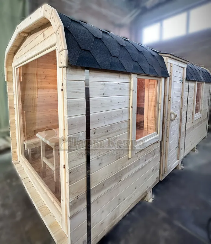 Баня-бочка «Пентагон» с боковым входом и панорамным окном