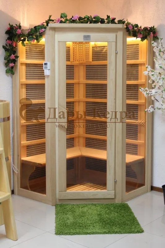 Двухместная угловая инфракрасная сауна кабина из кедра и липы с карбоновыми излучателями